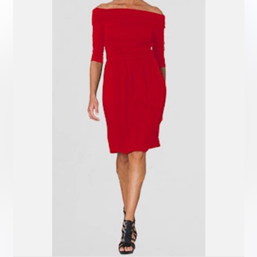 Nue By Shani Off Shoulder Red Stretch Jersey Slimming Dress